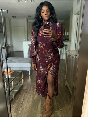 Reformation Burgundy Floral Long Sleeve Dress